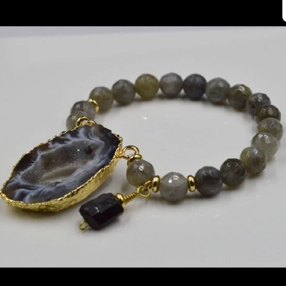 Labradorite bead bracelet/ gold plated agate slice - Picture 1 of 2